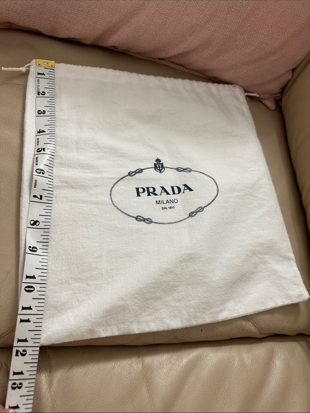 Prada White Cotton Logo Drawstring Pouch with Navy Print